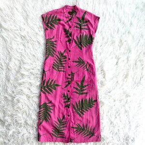 Sig Zane Linen Pink Midi Dress with Green Tropical Leaf Print Size XS